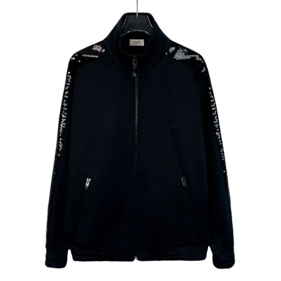 Celine Black Sequin-Embellished Track Jacket With Zipper Pockets & High Collar - Picture 1 of 8